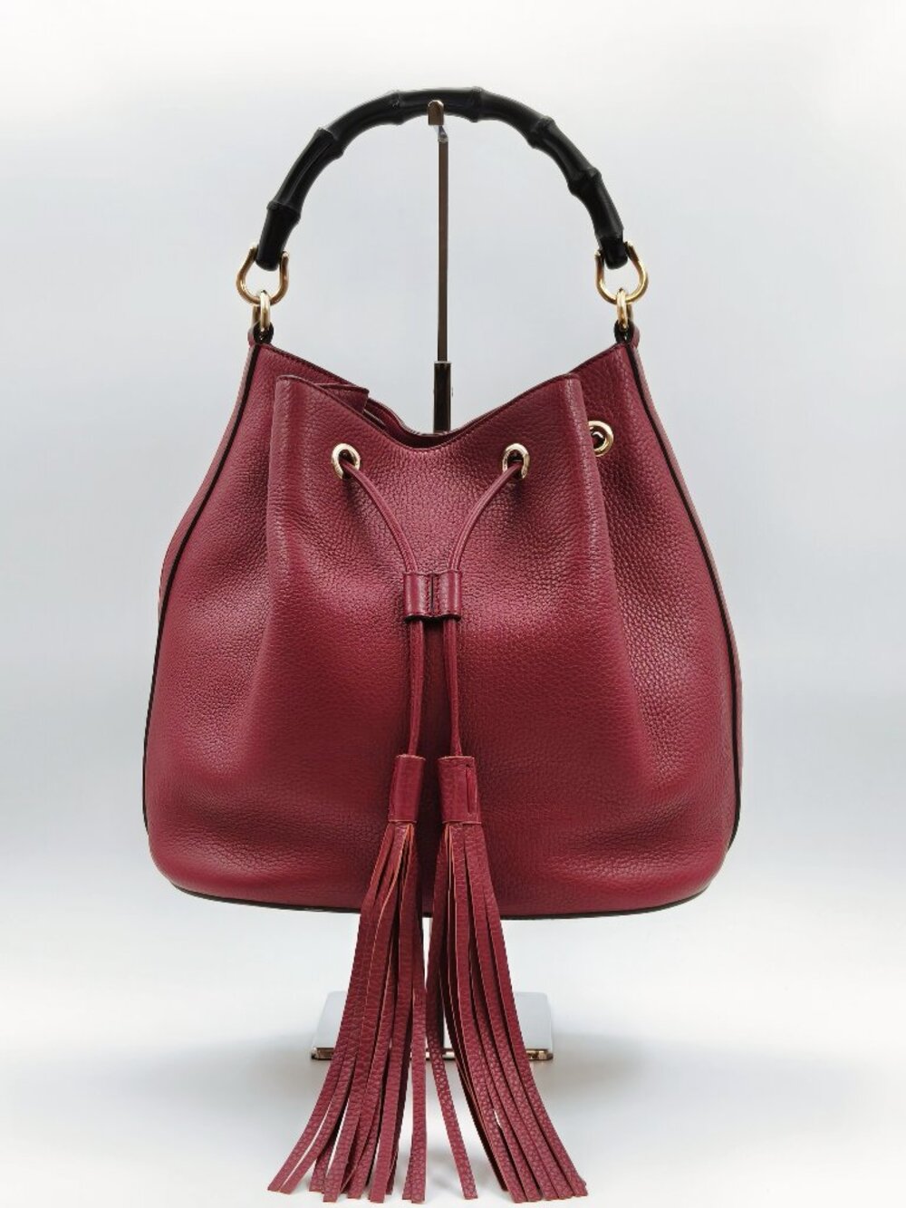 Gucci Bamboo Daily Pebbled Leather Bucket Bag Bordeaux Red Tassel Shoulder Bag